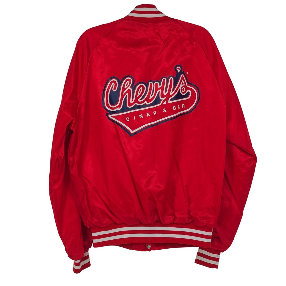 Vintage 90s Chevy's Diner & Bar NYC Satin Bomber Jacket L USA Red Snap Varsity